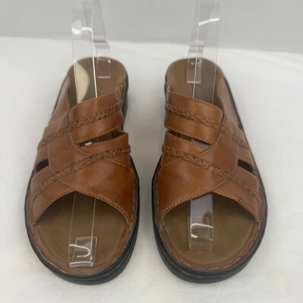 Clarks Womens Tan Brown Leather Braided Slide Sandals Size 7M Made in Brazil - Picture 3 of 13